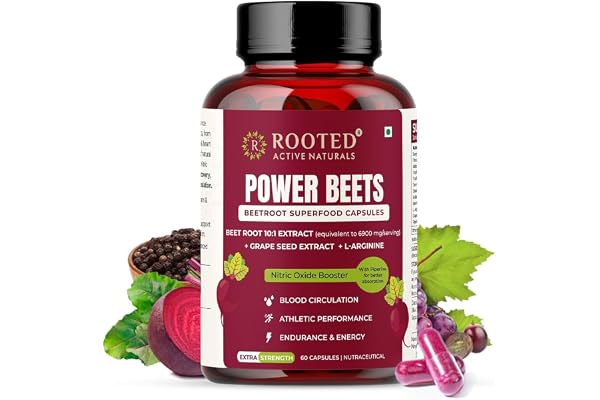 Rooted Active's PowerBeets - Beet Root Capsules with L-Arginine, 1000mg Serving 10:1 Beetroot Extract, Helps Support Nitric Oxide Production, Heart Health with Grape Seed Extract (60 Caps)