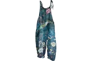 RMBLYfeiye Jumpsuit Damen Lang Blumen Bedruckt Vintage Baumwoll Leinen Jumpsuit Lang Weites Bein Spaghetti Jumpsuit Locker Sommer Overall Rückenfrei Playsuit Kuschelig Onesie Casual Romper