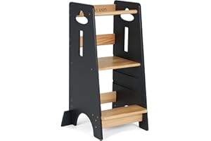 ‎COSYLAND COSYLAND Lernturm ab 1 Jahr - Höhenverstellbarer Learning Tower für Kinder (3-stufig) - Montessori Lernturm mit Kippschutz & Massivholz (Holzfarbe und Grau)