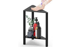 LukLoy Metal Corner Shower Stool for Shaving Legs, Shower Stool for Inside Shower Waterproof, Bathroom Shower Corner Stool Small Step Stool, Matte Black Shower Foot Stool with Non-Slip Rubber Mat