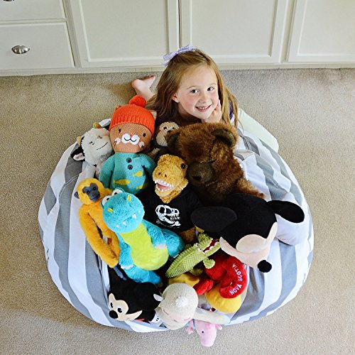 Stuff'n Sit SUPER LARGE – Sac en forme d'haricot de stockage d'animaux en peluche par Smith's – Rangez la chambre et ces créatures travailleront à votre place ! (40'', Rayé blanc et gris)