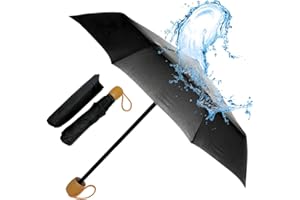 GENERIC Paraguas Plegable | Para Llevar a Todas Partes | Pequeño y ligero | Color negro con pomo Marron | Manual | Que no te Pille la Lluvia por Sorpresa.