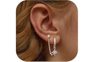 Adramata Boucles d'Oreilles Argent 925 pour Femme Plaquée Or 14 Carats Dangle Chaîne Boucles d'oreilles, Double Creoles Or/Argent pour Plusieurs Piercings Oreille Helix Tragus Piercing Bijoux