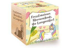 FEEL GREEN Grow Your Own Einhornbohne, Holzwürfel Mit Lasergravur «Fresst Meinen Sternenstaub, Ihr Langweiler», Nachhaltige Geschenkidee, Anzuchtset, Ecocube, Made in Austria