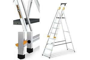 DRABEST Stege PRO-serien hopfällbar stege med säkerhetsräcken Aluminiumstege 8 steg stege Lastbar upp till 150 kg