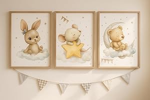 LUADREAMS Laminas Decorativas Animalitos, Imágenes Infantiles para Habitacion Niño Niña Bebe - Cuadro Infantil Laminas A4 Decorativas Bebe- 3 Poster Infantil A4 (21 x 29,7 cm) SIN MARCO (Sueño estelar)