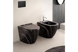 INBAGNO Set Sanitari Filomuro Rimless In Ceramica Con Effetto Marmorizzato Nero Linea Tokyo, L 36 x P 56 x H 41 Cm, Completo Di Sedile Soft-Close