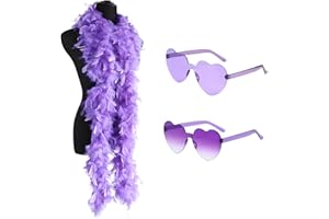Pddenality 3 Pcs Purple Feather Boa Set, 1 Feathers and 2 Heart Rimless Purple Glasses Feather Boas Multipack for Carnival Halloween Cosplay Party Decorations
