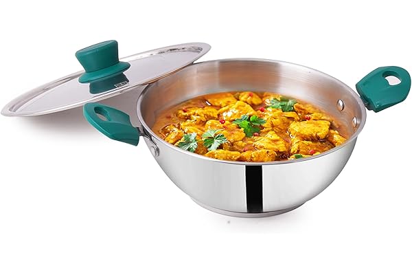 The Indus Valley Stainless Steel Kadai/Kadhai with Steel Lid 27cm/ 10.6 inch, 3.5Ltr, 1.18kg Induction Friendly 3-Layer Thick Bottom, 100% Toxin-Free, No Chemical Coating