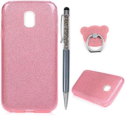 Case for Samsung Galaxy J3 2017 Clear 3 in 1 Hybrid PC + TPU Cover Case Removable Glitter Powder Sheet Shockproof Protection Anti-Scratch Shell Support Ring Stand Case For Galaxy J3 2017 - Pink
