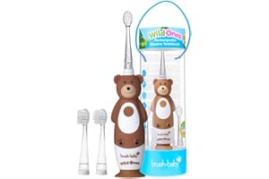 ‎BRUSH-BABY Brush-Baby – Wiederaufladbare Elektrische Kinderzahnbürste, 0–10 Jahre – WildOnes, Bärendesign mit Blinklichtern – DeepClean-Borsten für Gründliche Reinigung – 2 Ersatzköpfe & 1 USB-Kabel