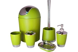 FINGEY Bathlux Modern Design 6 Piece Bathroom Accessory Set, Toilet Brush, Waste Bin, Soap Dish, Tooth Brush Holder Soap Dispenser, Rinse Cup (Green)