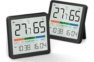 NOKLEAD Termometro Digitale per Ambiente Igrometro per Interni Monitor di Temperatura e Misuratore di Umidità con Data Orologio Indicatore di Comfort Display Calibrazione per Cameretta (Nero-2 Pezzi)