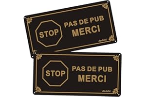 Andchi 2 Pièces STOP PAS DE PUB MERCI Signe, 20 x 10 cm，Enseigne métallique en aluminium pour porte avec 4 trous pré-percés, Plaque de porte rétro antirouille, noire et dorée