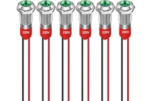 GUUZI 6pcs 8mm Indicatore LED 220-230V Indicatore Luminoso Impermeabile Pannello in Metallo Indicatore LED Indicatore Luminoso Montaggio a Pannello Testa Piatta con Fili Guscio Argento (Verde)