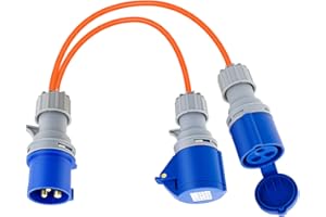 VELPAX 16amp Splitter Cable -16amp Plug to 2x 16A Sockets，240V Caravan Electric Adapter,IP44 Splitter Socket,2 Way Hookup Converter Cable, for Caravans,Mobile Homes,Motorhomes