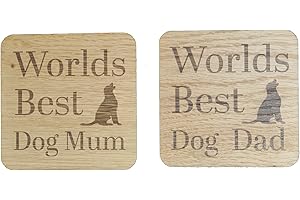 SHG AT HOME Worlds Best Dog Mum And Dog Dad Coaster Twin pack - Oak Veneer Coasters - Gift from Dog to Puppy Parents - Anniversary Present - Christmas Stocking Item - Pair of Drinks Mats