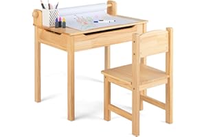 Maxmass Kids Table and Chair Set, Children Lift-top Art Desk with Paper Roller, Hidden Storage Space & Pen Slot, Toddler Wooden Activity Table Set for Drawing, Studying (Natural)