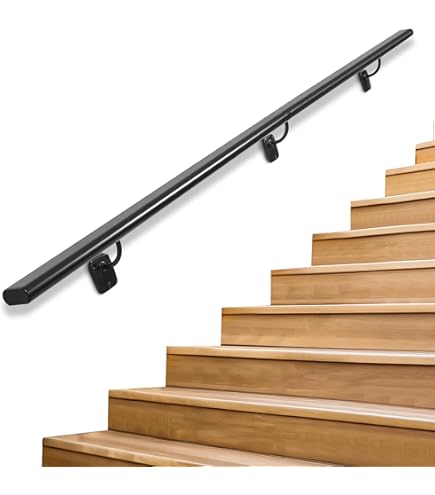 KUNCAIISH 8FT Indoor Stair Railing – Black Iron Handrail, Wall Mounted, 1.2" Diameter, 500 Lbs Load Capacity – Heavy Duty Industrial Style For Stairs, Lofts, Porches, Decks (2 Sections)