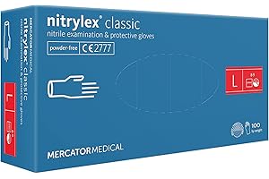 ‎MERCATOR MEDICAL Nitrylex Classic Einweg-Nitrilhandschuhe, schützende Untersuchungshandschuhe, puderfrei, unsteril, Blau , Größe L (8-9), beidhändig tragbar, Mikro+strukturierte Fingerspitze, dispenser box 100 Stk