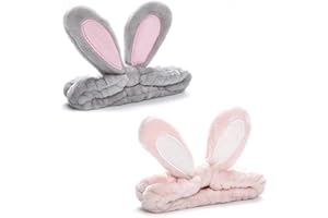 AKSXU Kosmetik Haarband -2 Stück Haarbänder für Make Up,Elastisch Weich Schminken Stirnband für Damen Mädchen, Hasen Ohren Haarband für Spa,Beauty, Waschen Gesicht,Yoga, Sport, Schönheit,Rosa,Grau