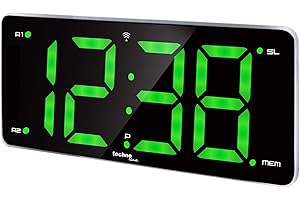 ‎TECHNOLINE Technoline WT486 Funkwecker mit großer Anzeige, LED grün, Display stufenlos dimmbar, Radiowecker, 2 Alarme einstellbar Funk-WECKER Uhr GRÜN LED ZIFFERN XXL 2 WECKZEITEN PROGRAMMIERBARE ALARME