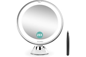 Auxmir Sminkspegel med 20X Förstoring och LED-ljus, Sugkopp för Dusch/Vägg, 3 Ljuslägen, 360° Roterbar, Rund och Vit, För Bad