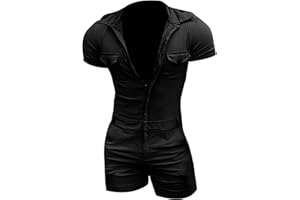 JUANMAO Herren Kurzarm Strampler Jumpsuit mit Reißverschluss Male Einfarbig One Piece Jumpsuit Cargo Overall Herren Sommer Onesie Pyjama Jumpsuit bequemer Herren Kurz Jogging Overall Slim Fit
