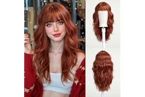 Esmee Parrucca Lunga Ondulata Rosso Rame con Frangia per le Donne Capelli Sintetici Naturali Borgogna Parrucche per Uso Quotidiano Partito Cosplay-24 Pollici