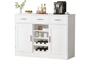 ‎KIMENICH Küchenschrank mit Arbeitsfläche, Buffetschrank mit 3 Schubladen, Sideboard mit Steckdose, Flexibles Weinregal, Seitliches Ablagefach, Verstellbare Ablagen, Küche, Esszimmer, 40X107X80 cm, Weiß