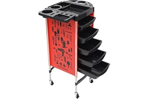 LUNICASHA Faltbare Friseurwagen 5 Schubladen, Arbeitswagen Rollwagen Stapelboy, Multifunktional Friseurwagen, Profi Kosmetikwagen für Beauty Salon, Rot