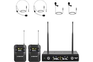 Phenyx Pro UHF Metal Sistema de micrófono inalámbrico Profesional con 2x30 Frecuencias, 2 Bodypacks y Diadema/micrófonos de Solapa para Hablar, Cantar, Iglesia, DJ (PTU-52-2B)