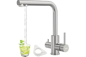 DAYONE 3 Way Kitchen Sink Tap, SUS304 Stainless Steel Pure Drinking Water Tap, 360 Swivel Dual Lever 3 in 1 Water Filter Sink Mixer, UK Standard Kitchen Faucet 1 Hole, Brushed