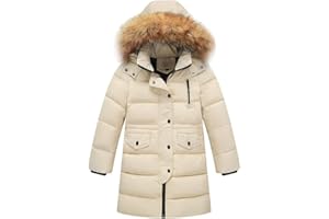 amropi Mädchen Daunenjacken mit Fell Kapuze Lang Winterjacke Kälteschutz Wasserabweisend Verdickte Daunenmantel für 2-12 Jahre