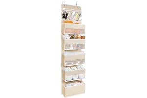 Univivi 6 Layer Over Door Storage Organiser, Door Hanging Shelves with 5 Clear Window Compartments & 3 PVC Pockets, Foldable Hanging Storage for Baby Nursery Livingroom Bedroom Bathroom, Beige