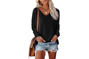 OLIPHEE Camiseta básica de Manga Larga con Bolsillo para Mujer Camiseta Color Sólido