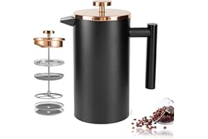 MaxMiuly Big Cafetiere - Pressa per caffè isolata in acciaio inox, 1,5 l, doppia parete per tenere caldo caffè e tè, con 2 filtri per caffè, nero (1500 ml)