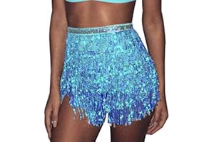 Ushiny Festival Outfit Sequin Tassel Skirt Costume Rave Mini Skirts Ballet Dance Fringe Hip Scarf Glitter Sequin Skirt for Women and Girls