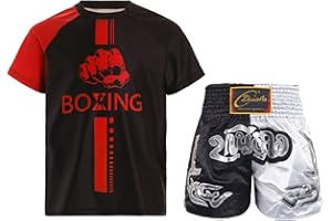 Oyolan Enfant Garçon Short de Boxe et T-Shirt Ensemble de Boxe Combat Muay Thai MMA Kick Boxing Tenue
