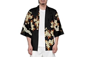 CIZEUR Hombre Hippie Camisa Kimono Japonés Estampado Holgado Manga 3/4