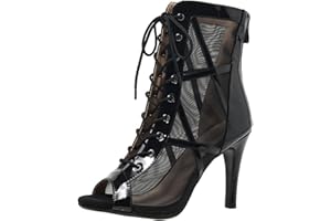 NALATIA Chaussures de Danse Femme Latine Talons Bout Ouvert Lacets Salle de Bal Salsa Bachata Danse Bottines Talon 7 cm