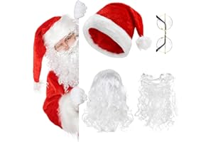 REFORUNG 4 PCS Disfraces de Papá Noel, Gorro de Navidad Rojo + Peluca y Barba de Papá Noel + Gafas, Peluca y Barba de Santa Claus Blanca para Adultos para Disfraz de Navidad, Cosplay y Fiesta