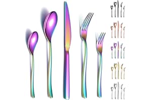 Berglander Juego de cubiertos arcoíris 30 piezas, resistentes tenedores y cucharas de acero inoxidable de titanio, a prueba de herrumbre, aptos para lavavajillas