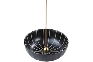 Asayu Japan Lotus Incense Holder for Sticks 4.1 inch (105 mm), Made in Japan, Traditional Ceramic Ash Catcher and Brass Incense Burner Set, Lotus Flower Shape - Matte Black