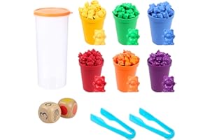 Draftor 71pcs Rainbow Counting Bears, Counting Bears Set with Matching Sorting Cups Dices and Tweezers Montessori Matching Game Educational Color Sorting Toys