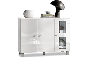 ‎VLADON Vladon Sideboard Denjo, Made in Germany, Kommode mit 3 Türen, Weiß matt/Weiß Hochglanz (107 x 81 x 35 cm)