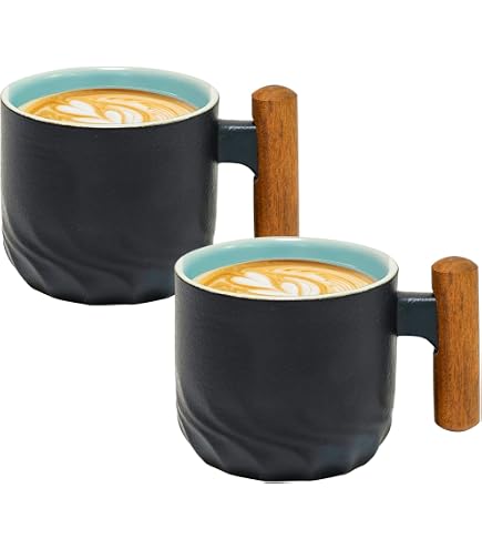 Espressotassen Aus Keramik Mit Holzgriff – 70 Ml, Set Mit 4 Tassen, Schwarz, Handwaschbar