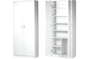 ‎HOME COLLECTIVE Schrank Mehrzweckschrank weiß 74cm Breite 180cm Höhe mit sechs Einlegeböden und Extra-Fach, Aktenschrank Haushaltsschrank Organizer aus MDF Holz