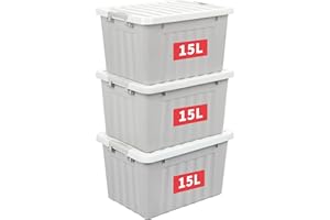 Cetomo 15L*3 Storage Boxes with Lids, Plastic Storage Bins with Latching Buckles, Click Closure, Stackable, Nesting, Organizer for Home Office Clothes, Gray, 15L-3 Pack