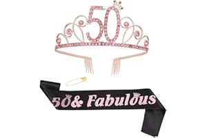 ruggito 50th Birthday Costume Set for Women,Include 50th Black Satin Sash,Birthday Crown Tiara and Round Brooch Clip Pin for 50th Birthday Party Decorations (Black)